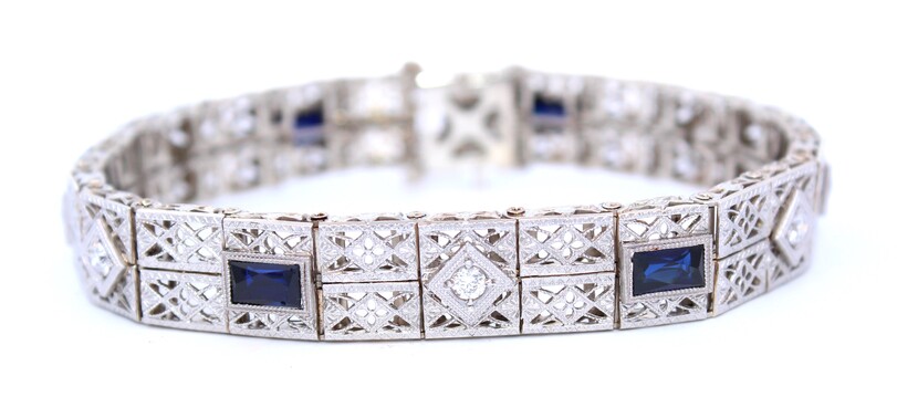 Estate 14 Karat White Gold Filigree Diamond And Blue Sapphire Bracelet Measuring 7 Inches